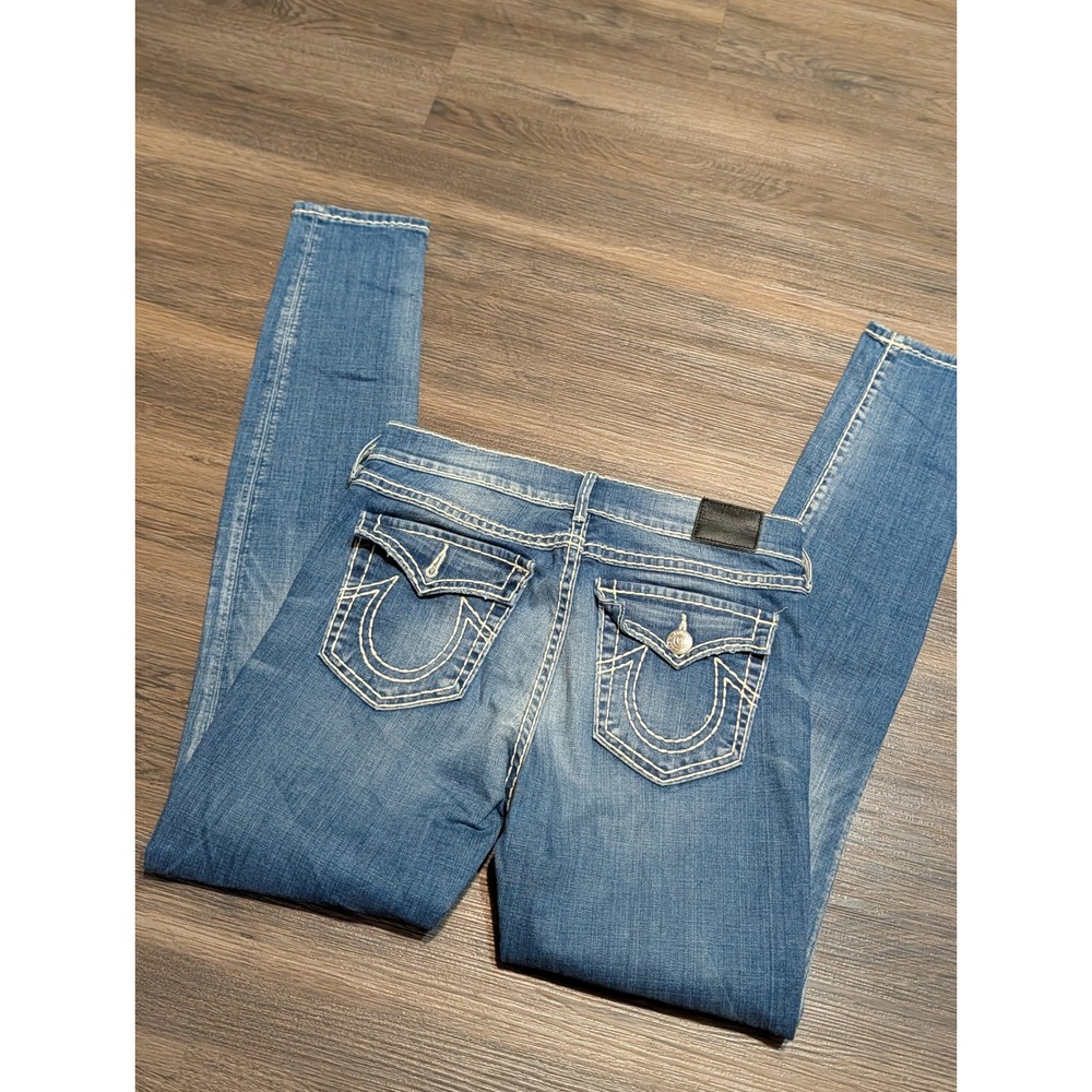 True Religion Halle Mid Rise Super Skinny Jeans Super T Stitch Blue 27 USA Made